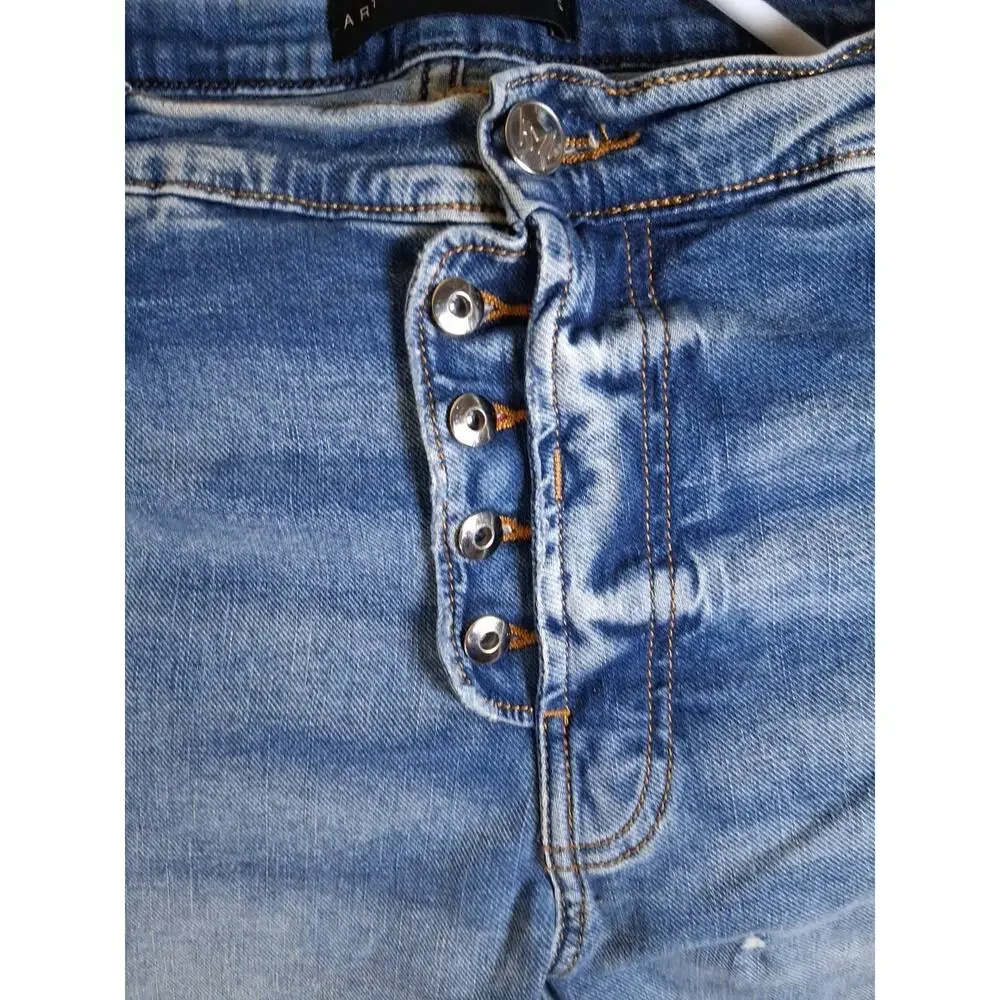 Art Meets Chaos Donwan Harrell Mens Distressed Skinny Jeans Blue Button Fly 38